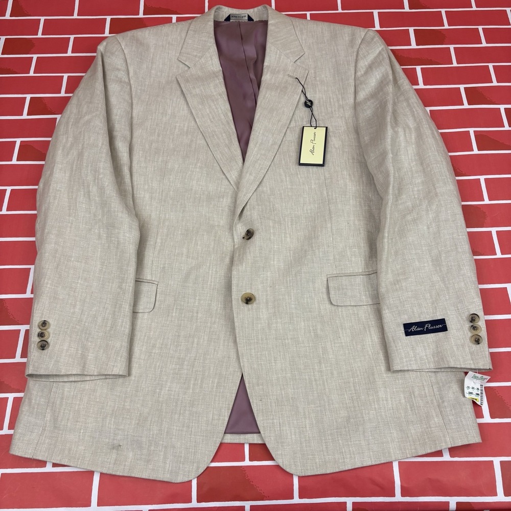 Alan Flusser Linen Blazer Jacket Stone 46 Regular 2-Button Single-Breasted